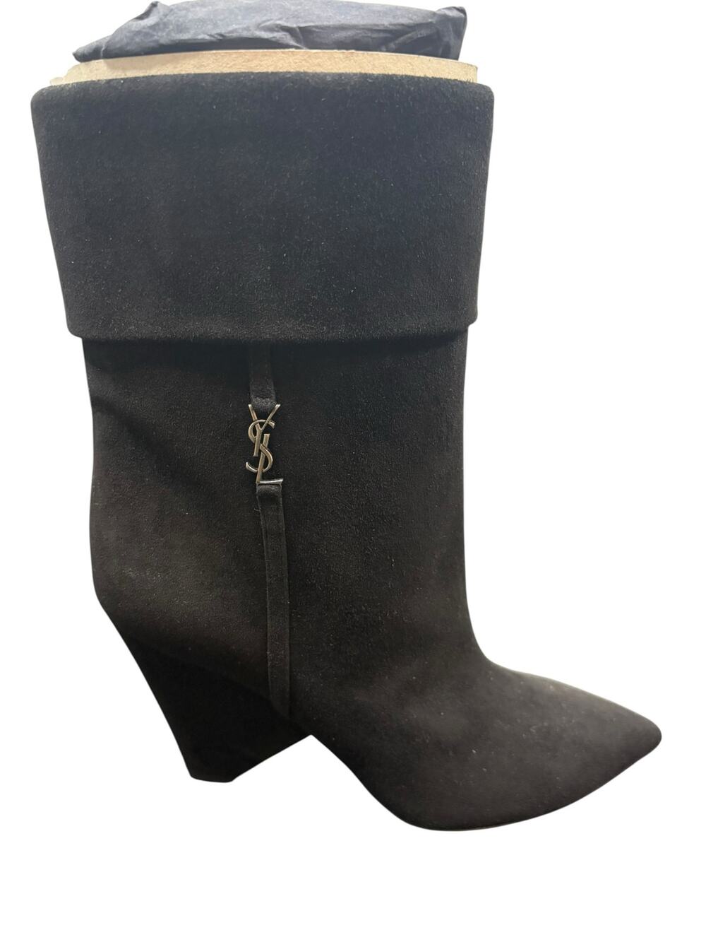 Saint Laurent Niki Ankle Booties Logo Heel Suede Winter Fall Preppy Party 5.5
